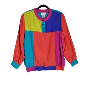 Vintage 90's Jordan Woman Color Block Silk Long Sleeve Blouse Size 16